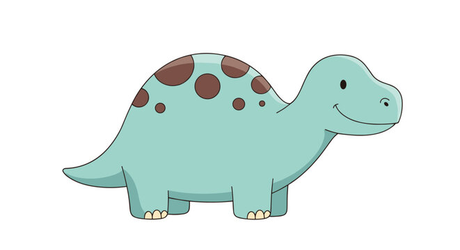 Friendly light blue dinosaur character with dark brown spots on its back standing peacefully and smiling in a simple cartoon style.