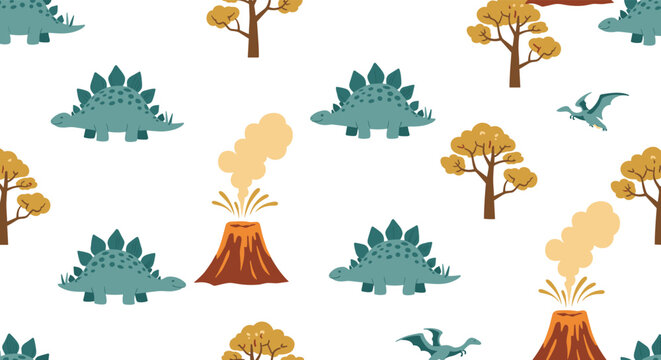 Detailed seamless pattern for kids featuring stegosaurus dinosaurs erupting volcanoes and flying pterodactyls in a prehistoric landscape.