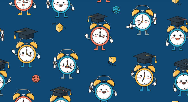 Educational seamless pattern featuring blue and red alarm clock characters wearing black graduation caps and holding diplomas on blue.