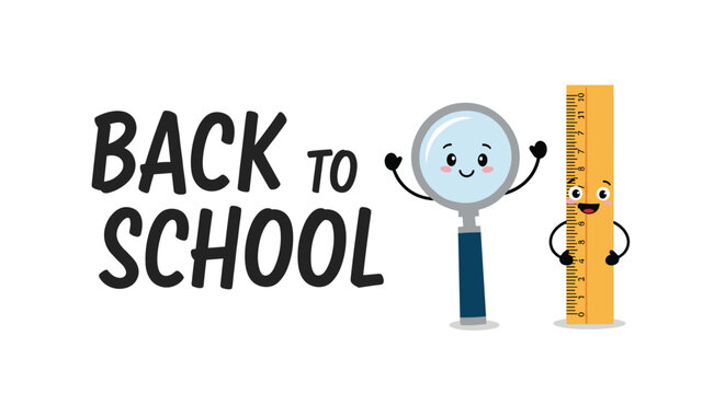 Creative Back To School poster design featuring friendly magnifying glass and ruler characters with smiling faces for the new academic year.