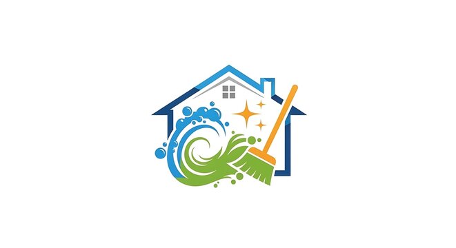 Colorful House Cleaning Logo with Broom Water Swirl and Sparkle on White Background