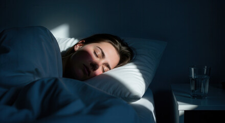 Fototapeta premium A Peaceful Scene of A Woman Sleeping Comfortably in Bed Early in The Morning
