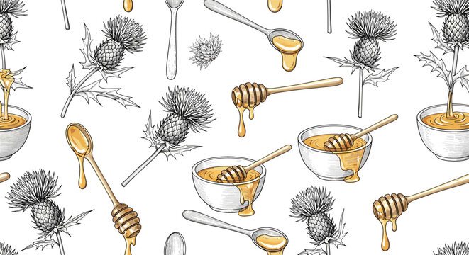 Unique seamless pattern featuring bowls of golden honey with wooden dippers and detailed thistle flowers in a vintage botanical style.