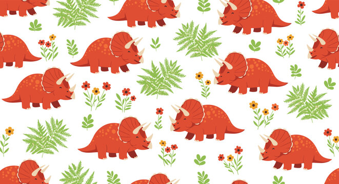 Prehistoric seamless pattern for children featuring red triceratops dinosaurs roaming through green ferns and colorful wildflowers.