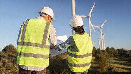 Engineers collaborating, reviewing plans at a wind farm, embodying teamwork, expertise, and a commitment to sustainable clean energy infrastructure development © NJF