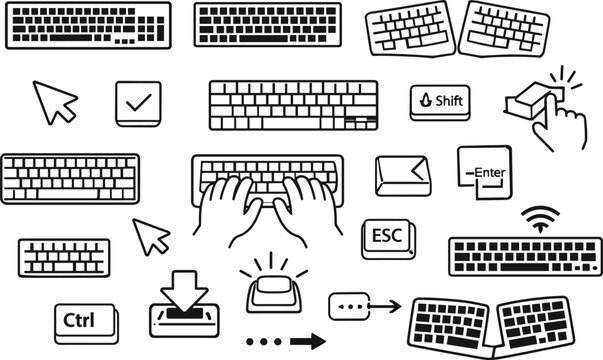 Computer Keyboard Outline Icon Set with Typing Hands Ergonomic Keyboards Shift Enter Buttons and Hardware Cursors Vector Elements for Tech Interface Designs