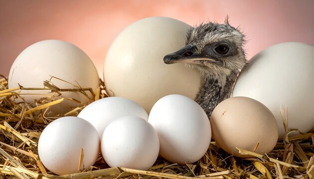 Close-up of a baby bird peeking out from behind an assortment of white eggs, nestled in straw, against a soft, pinkish backdrop