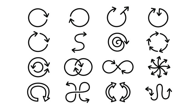 Collection of hand drawn circular arrows and flowchart symbols