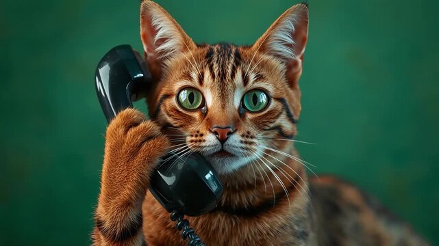 Bengal cat talking on vintage telephone in studio lighting for funny commercial video footage with green background motion clip