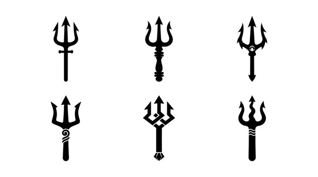 Collection of six unique trident designs in black silhouette on white background