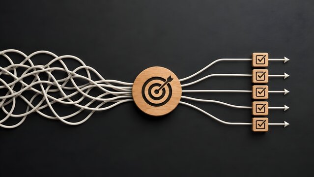 Untangling business chaos concept showing tangled cords passing through wooden target block to become organized task checklists