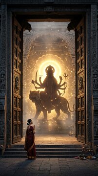 Tiny Devotee Witnessing the Majestic Manifestation of Goddess Durga