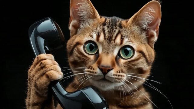 Cat holding telephone receiver animation footage featuring adorable domestic tabby pet talking on vintage black landline device studio environment shot