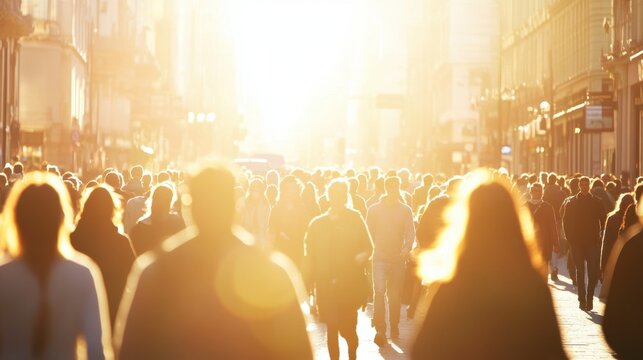A busy urban street filled with diverse people walking towards the camera. The sun is shining brightly, creating a warm glow over the scene.