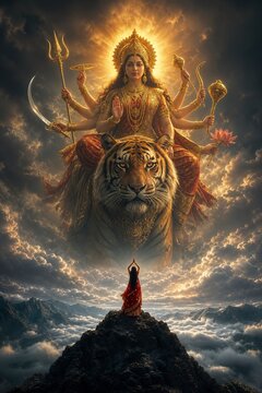 Divine Shakti Aura with Goddess Durga and Devotee Silhouette