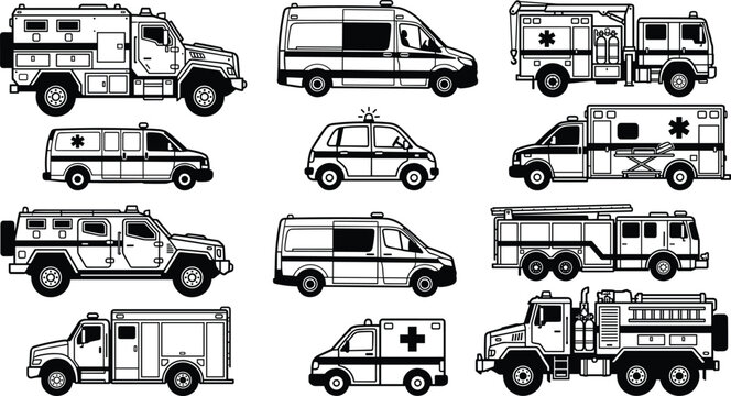 Emergency Vehicle and Rescue Service Icon Collection Featuring Ambulances, Fire Trucks, Police Vans, Paramedic Transport, and Special Operations Security Trucks