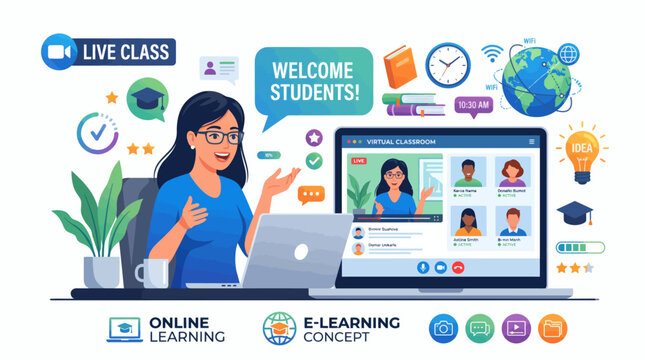 Female teacher conducting a live virtual classroom on her laptop