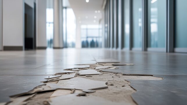 A damaged floor with cracked tiles in a modern office corridor. The space is well-lit with glass walls and a clean design.