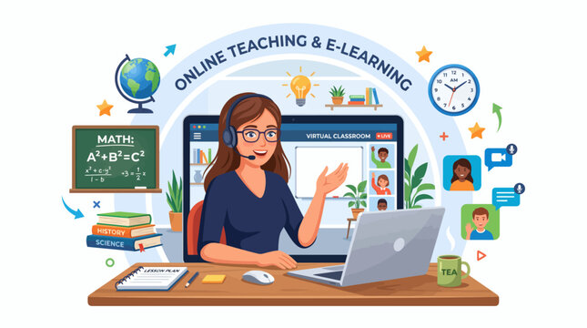 Female teacher conducting virtual class for remote online learning