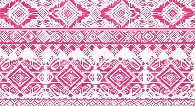 Red and pink geometric pattern with floral motifs.