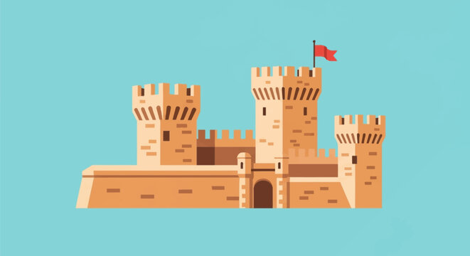 Flat vector illustration of a medieval Spanish castle inspired by Santa B&aacute;rbara in Alicante, featuring sandstone towers with crenelated battlements and a red flag on a blue background.
