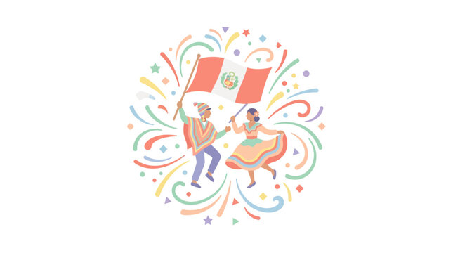 Peruvian Couple Dancing Traditional Marinera with National Flags.