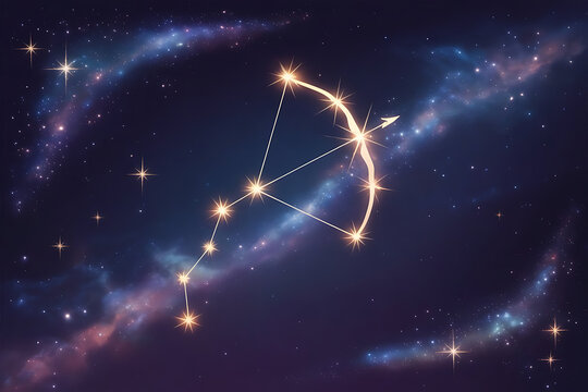 Sagittarius Zodiac Constellation with Glowing Stars and Bow Arrow on Deep Space Galaxy Background