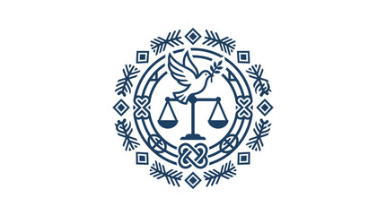Obraz premium Symbol of justice featuring a dove and scales in a circular ornamental frame.