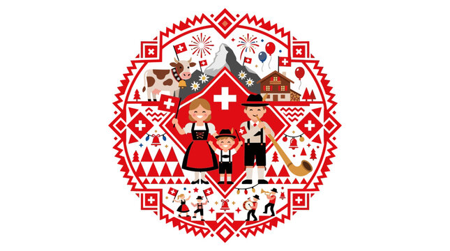 Swiss National Day Illustration with Traditional Costumes and Culture.