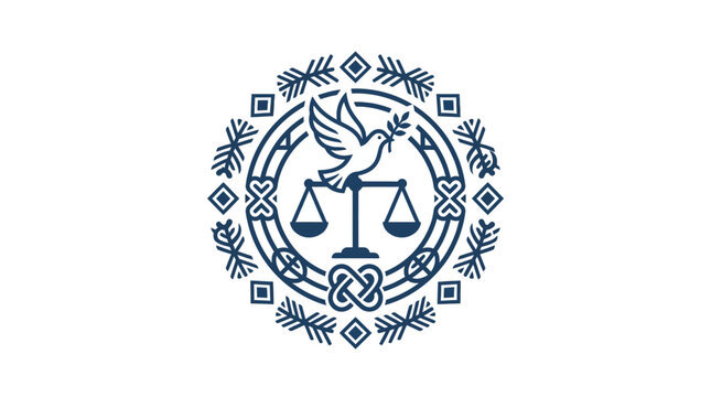 Symbol of justice featuring a dove and scales in a circular ornamental frame.