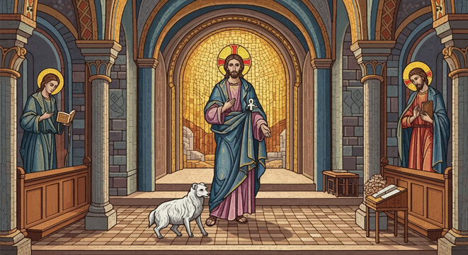 Byzantine-style mosaic art depicting Jesus Christ as the Good Shepherd with a lamb in a cathedral interior, flanked by two religious figures and classical stone arches.