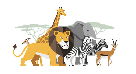 Group of African safari wild animals together in a stylized illustration. © Fitriyah