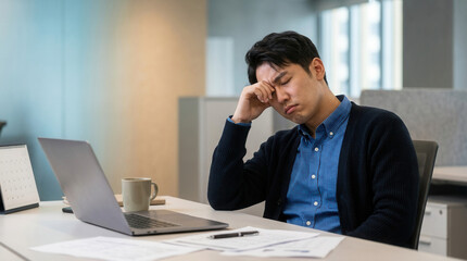 Naklejka premium Asian Businessman Feeling Overwhelmed at Work, Suffering From Exhaustion During The Day