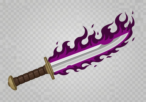 Fantasy vector illustration of a short sword dagger with a bronze guard and hilt pommel, featuring a silver metal blade engulfed in stylized purple and violet magical fire flames.