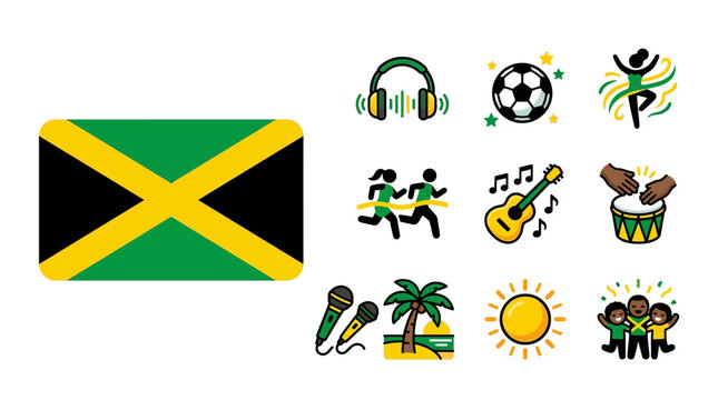 Flat vector icon collection featuring the Jamaican national flag, soccer ball, headphones, sprinting runners, acoustic guitar, bongo drums, palm tree beach, and happy people.