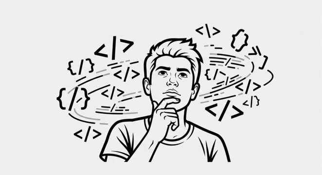 Young man thinking about coding and programming symbols.
