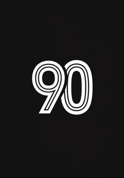 Stylized number 90 graphic design with white multiline typography on a solid black background. Retro inspired numeric logo featuring parallel outlines and minimalist aesthetic.