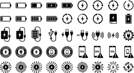 Fototapeta premium Battery Energy Indicator and Power Supply Icon Collection Featuring Wireless Charging Symbols, USB Cables, and Smartphone Interface Level Graphics