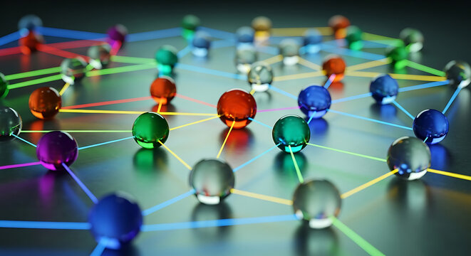 Abstract network connection concept with colorful glowing spheres and lines connection technology communication abstract innovation internet structure interconnected networking