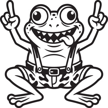 Funny cartoon frog wearing overalls with hands raised vector illustration amphibian overalls
