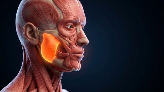 3D rendering of human head and neck muscles with the masseter muscle highlighted in orange, for human muscular system education.