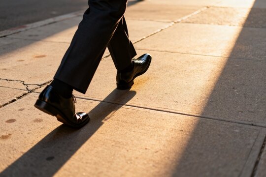 Business professional strides on city sidewalk