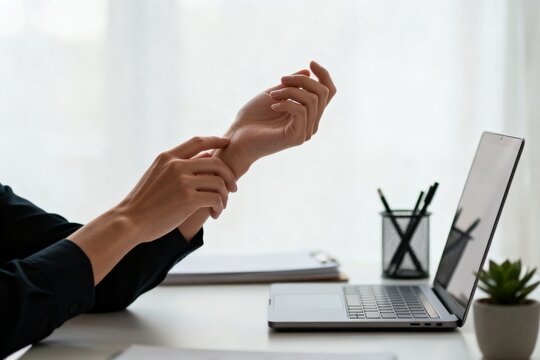 Office worker relieving wrist strain at desk