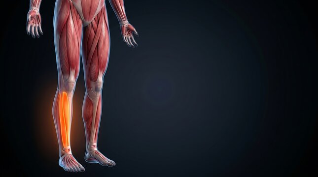 Detailed anatomical illustration of human leg muscles with the tibialis anterior highlighted in orange on a dark background, for human muscular system education.