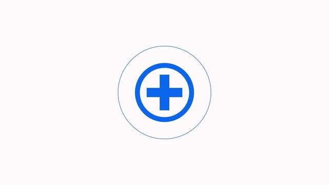 Plus sign icon inside a circular frame loop animation on white background. Medical cross icon. Blue circular button with plus sign icon animation representing healthcare protection with alpha channel