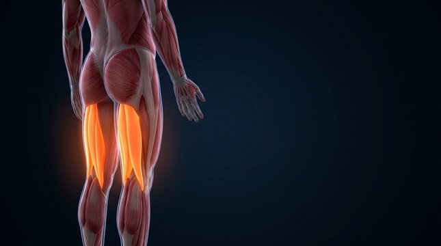 3D rendering of the human muscular system, highlighting the hamstrings on the back of the leg, for human muscular system education.