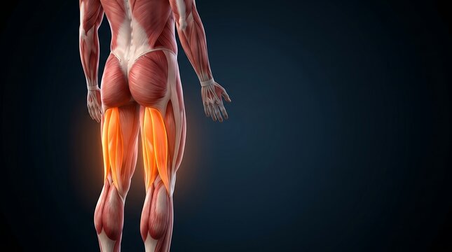 Detailed anatomical illustration of human leg muscles from a posterior view, highlighting the hamstrings an orange glow, for human muscular system education.