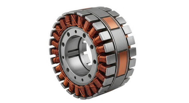 Electric motor stator with copper wire coils isolated on transparent background