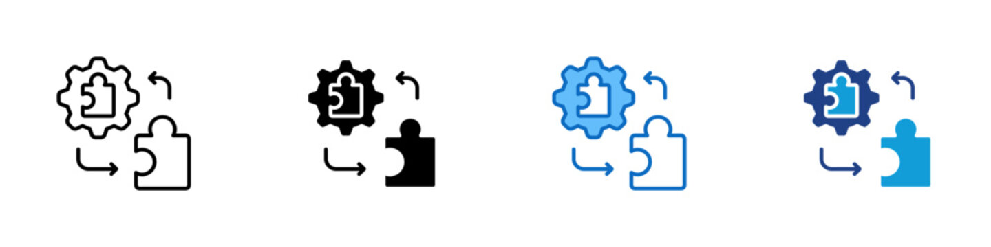 Modular Integration Multiple Style Icon Design Vector - Gear with puzzle pieces representing modular integration, component replacement, and workflow configuration