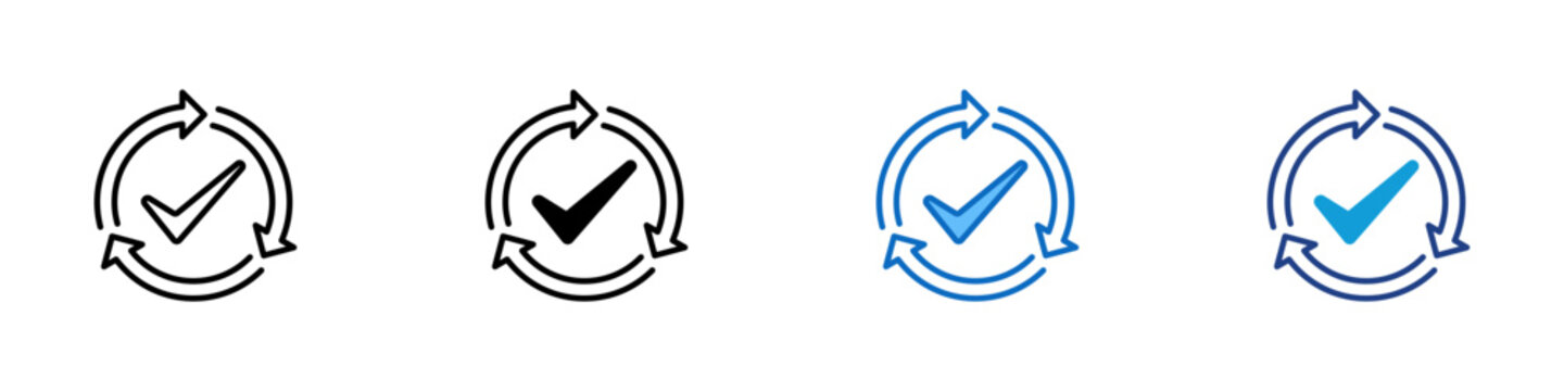 Process Approval Multiple Style Icon Design Vector - Circular arrows with check mark representing process approval, workflow validation, and continuous quality improvement